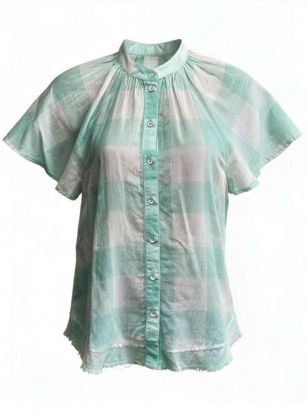Maeve Anthropologie LRG Mint Green Plaid Gingham Button Front Top Flutter Sleeve